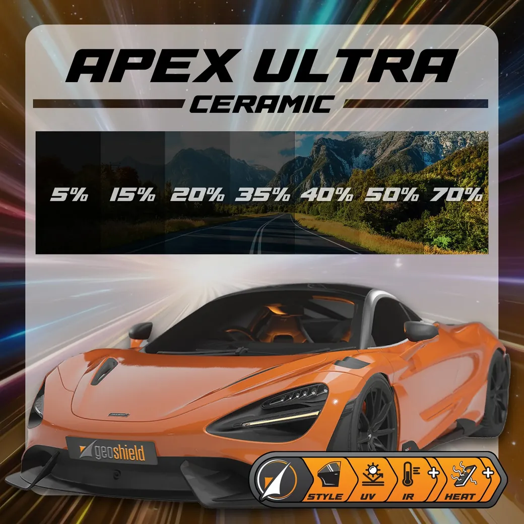 Geoshield APEX Ultra ceramic window tint in shades from 5% to 70% on an orange sports car